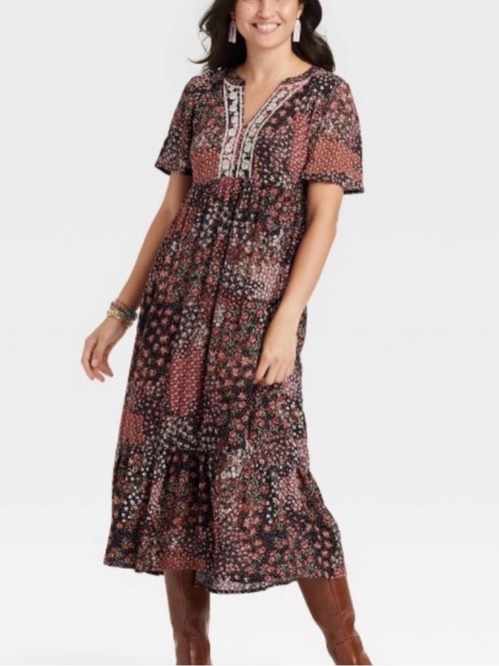Knox Rose Patchwork Floral Midi Dress in Rust and Black